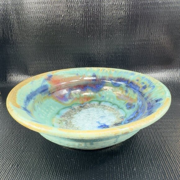 1980s Hand Made Pottery Dish Bowl Large Crystalline Glaze 8inch Recycle Center - Picture 11 of 14